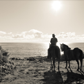 a couple of people standing on top of a sandy beach